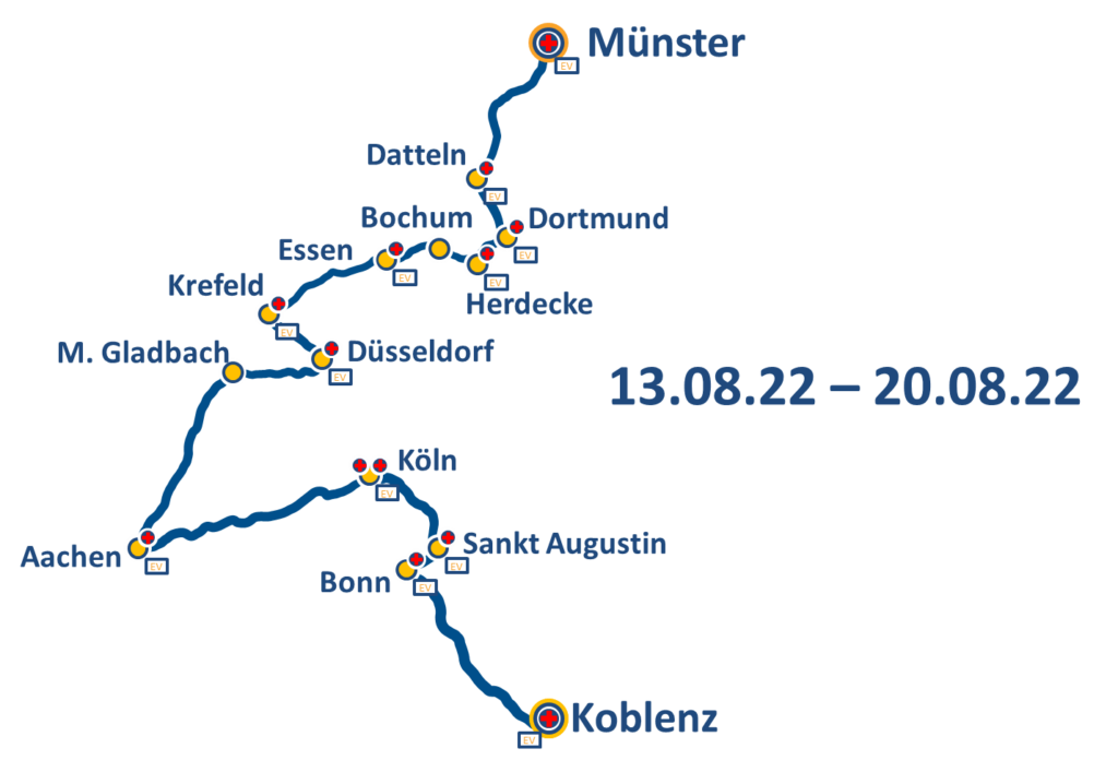 Strecke der Regenbogenfahrt 2022 von Münster nach Koblenz