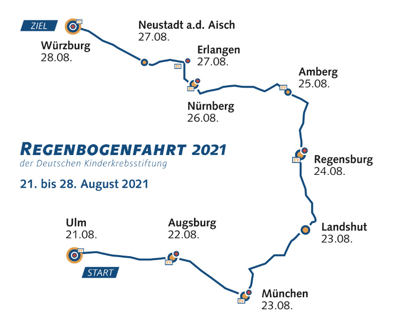Strecke der Regenbogenfahrt 2021 von Würzburg nach Ulm